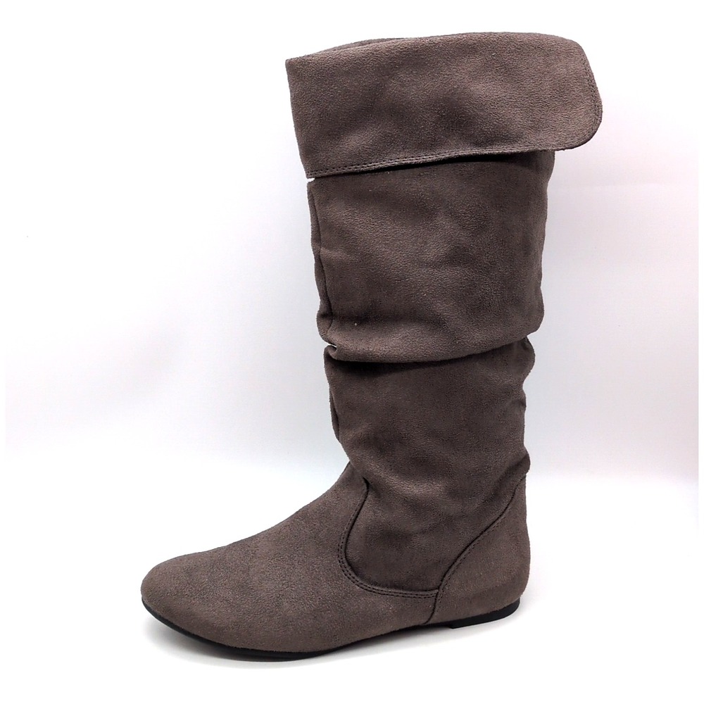 SO Boots Womens Soregangrey Gray 8 Pull On Shoe Mid Calf Cuffed Faux Suede